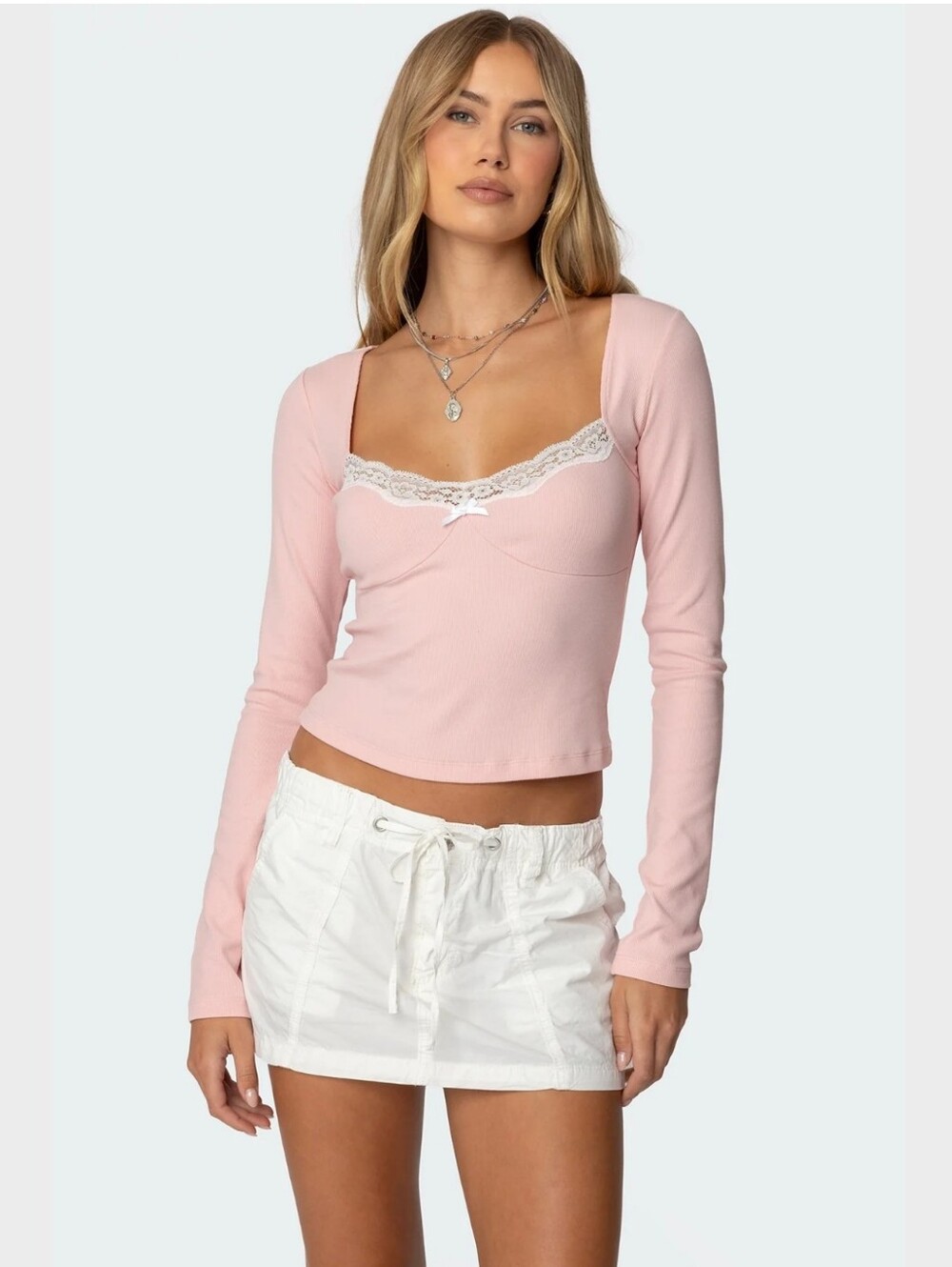 Edikted Morgyn Pink Long Sleeve Lace Trim Square Neck Top Pink Bow XL Y2K Girly